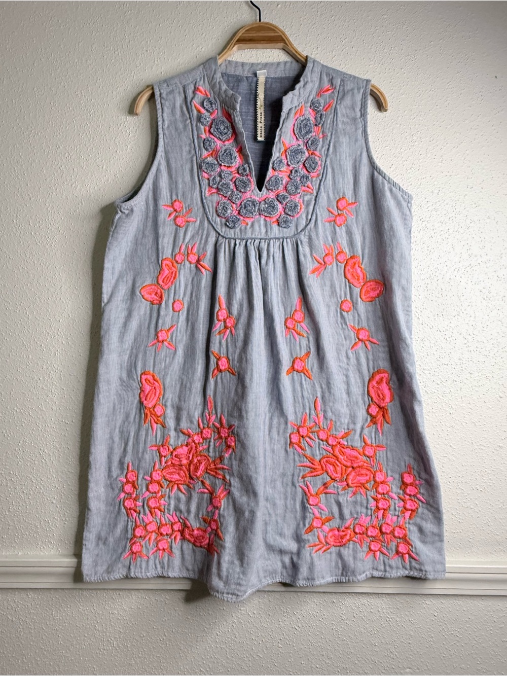 Uncle Frank Light Blue Sleeveless Dress with Neon Pink Embroidery